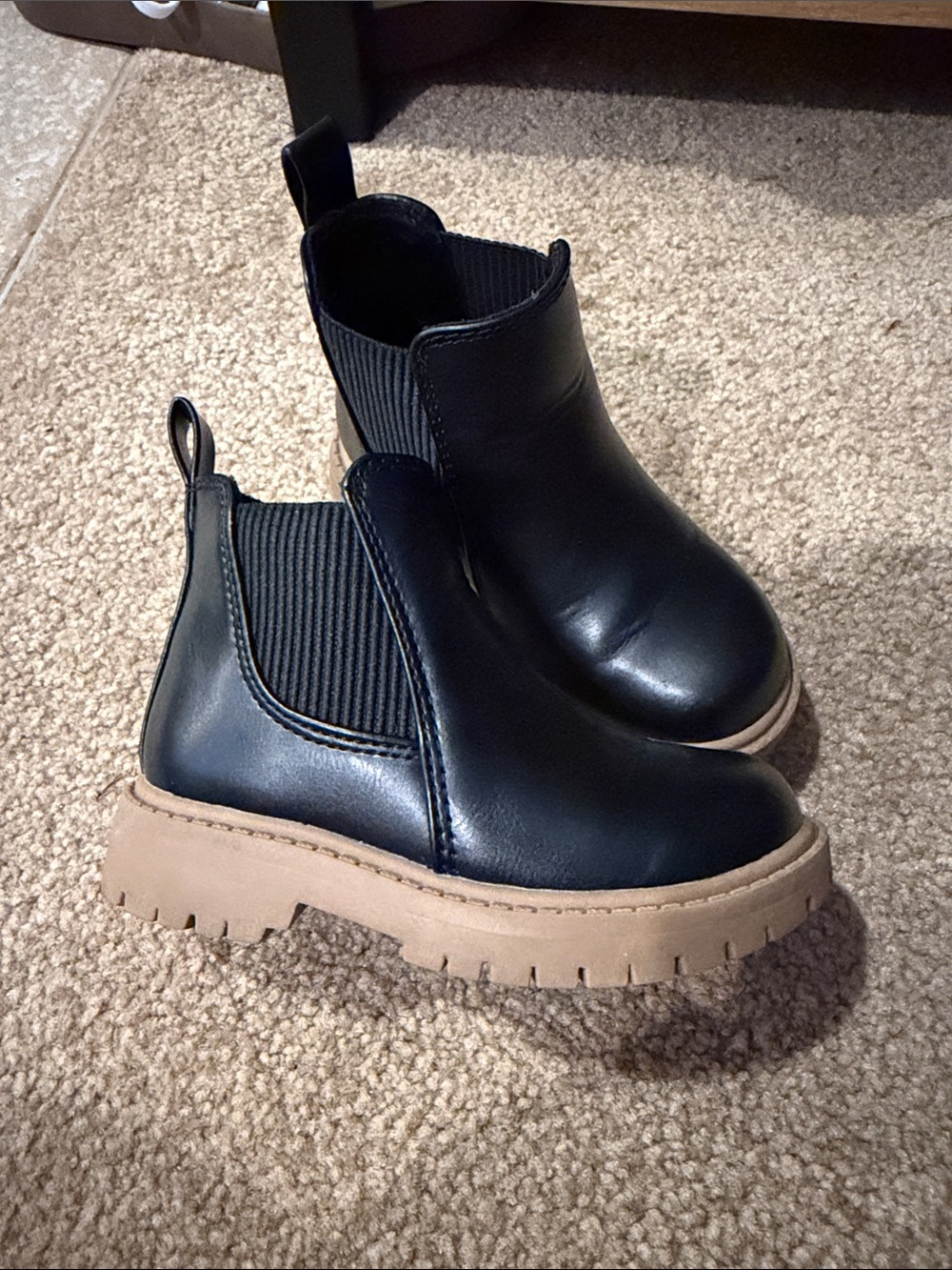Kids Black Chelsea Boots with Tan Lug Sole